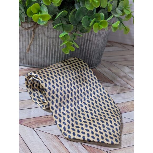 Savile Row Mens 100% Silk Necktie Made In USA Designer Geometric Dot Yellow Blue - Picture 1 of 6